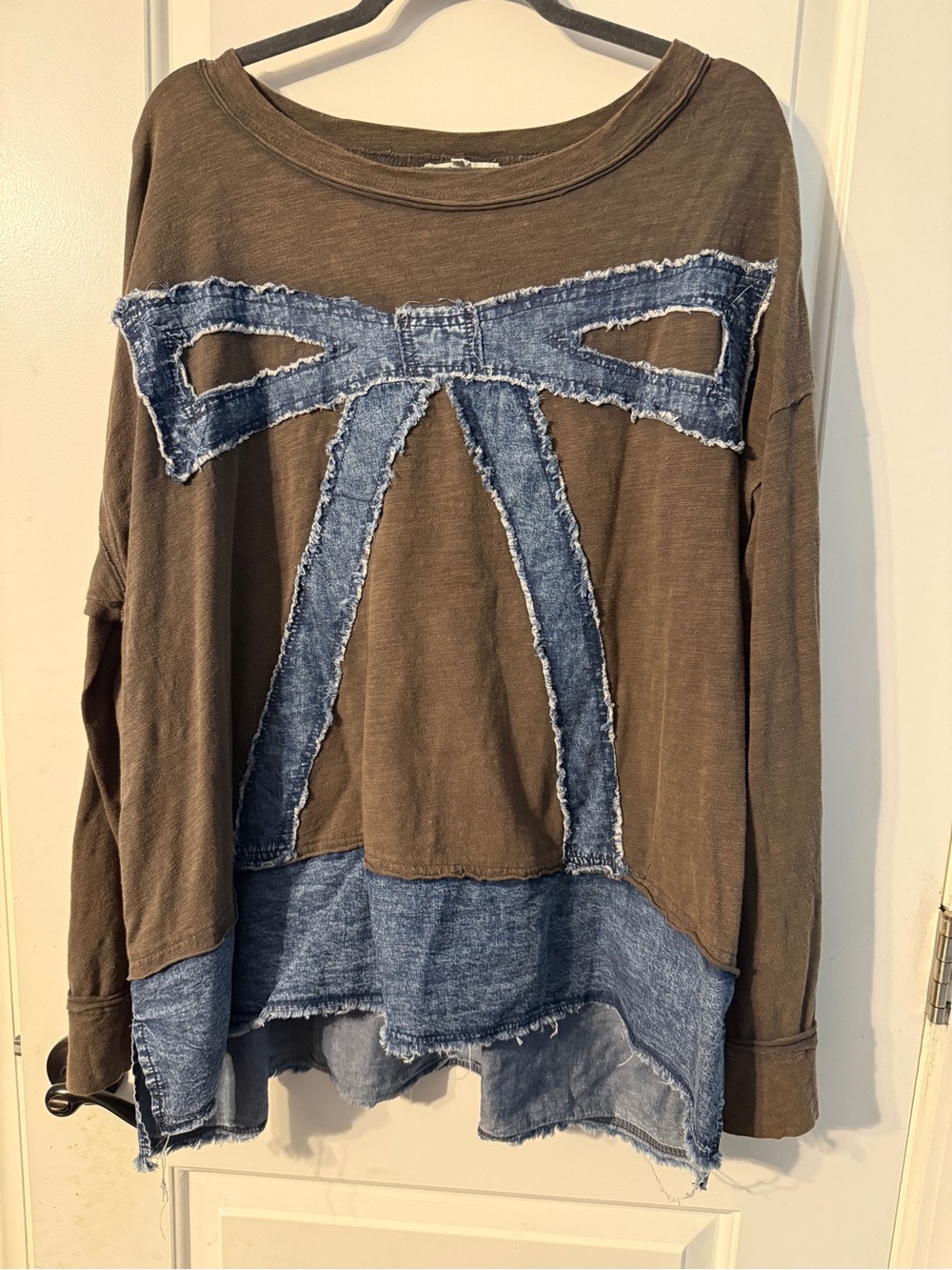 Blue Velvet Casual Brown Shirt with Distressed Denim Trim